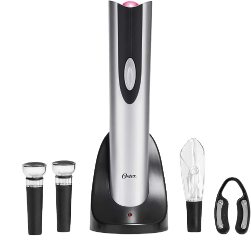 Oster 4-in-1 Wine Savoring Experience with Cordless Electric Wine Opener | Wine Kit with Rechargeable Wine Bottle Opener, Wine Pourer, Vacuum Wine Stoppers, and Foil Cutter