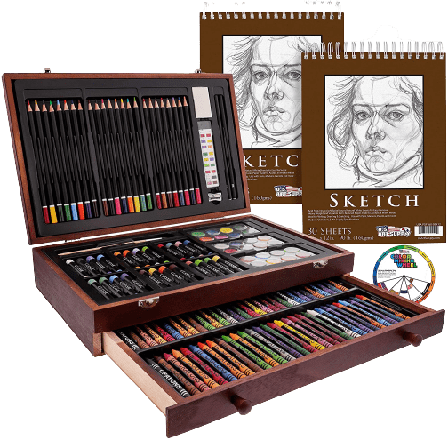 U.S. Art Supply 145-Piece Mega Wood Box Art Painting and Drawing Set in Storage Case - 2 Sketch Pads, 24 Watercolor Paint Colors, 24 Oil Pastels, 24 Colored Pencils, 60 Crayons, 2 Brushes, Artist Kit