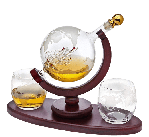 Whiskey Decanter Globe Set with 2 Etched Whiskey Glasses