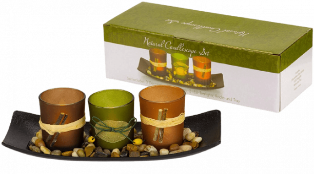 Natural Candlescape Set - Decorative Candle Holders, Rocks & Tray